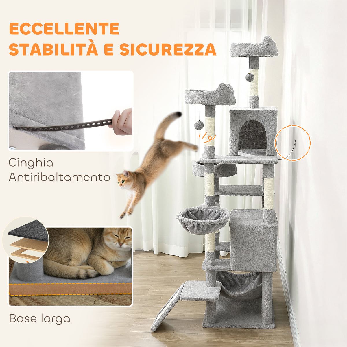 Albero Tiragraffi per Gatti con Scala, 2 Amache, 3 Posatoi, 2 Casette e 3 Piattaforme, 48x48x192 cm, Grigio e Crema