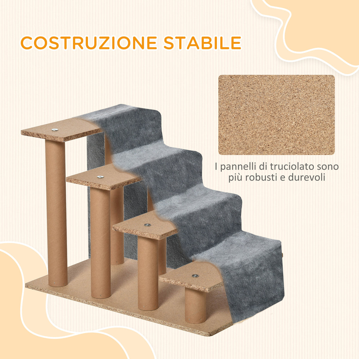 Scaletta per Cani Portatile a 4 Gradini, in Tessuto Vellutato Sfoderabile e Truciolato, 60x35x44 cm, Grigio
