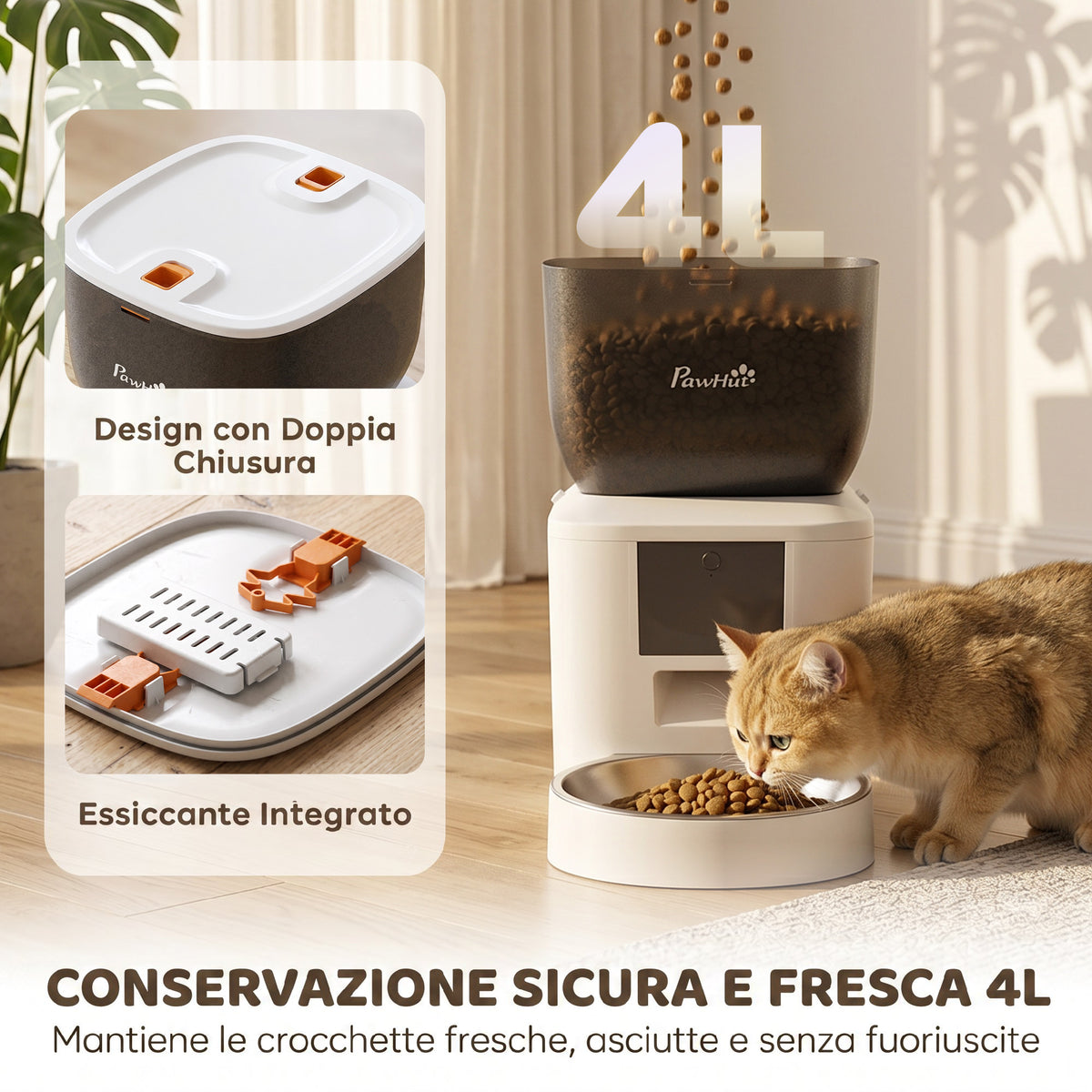 Distributore Automatico Cibo Gatti 4L WiFi 2.4G, App Controllo con Registratore 10s, Ciotola, Bianco