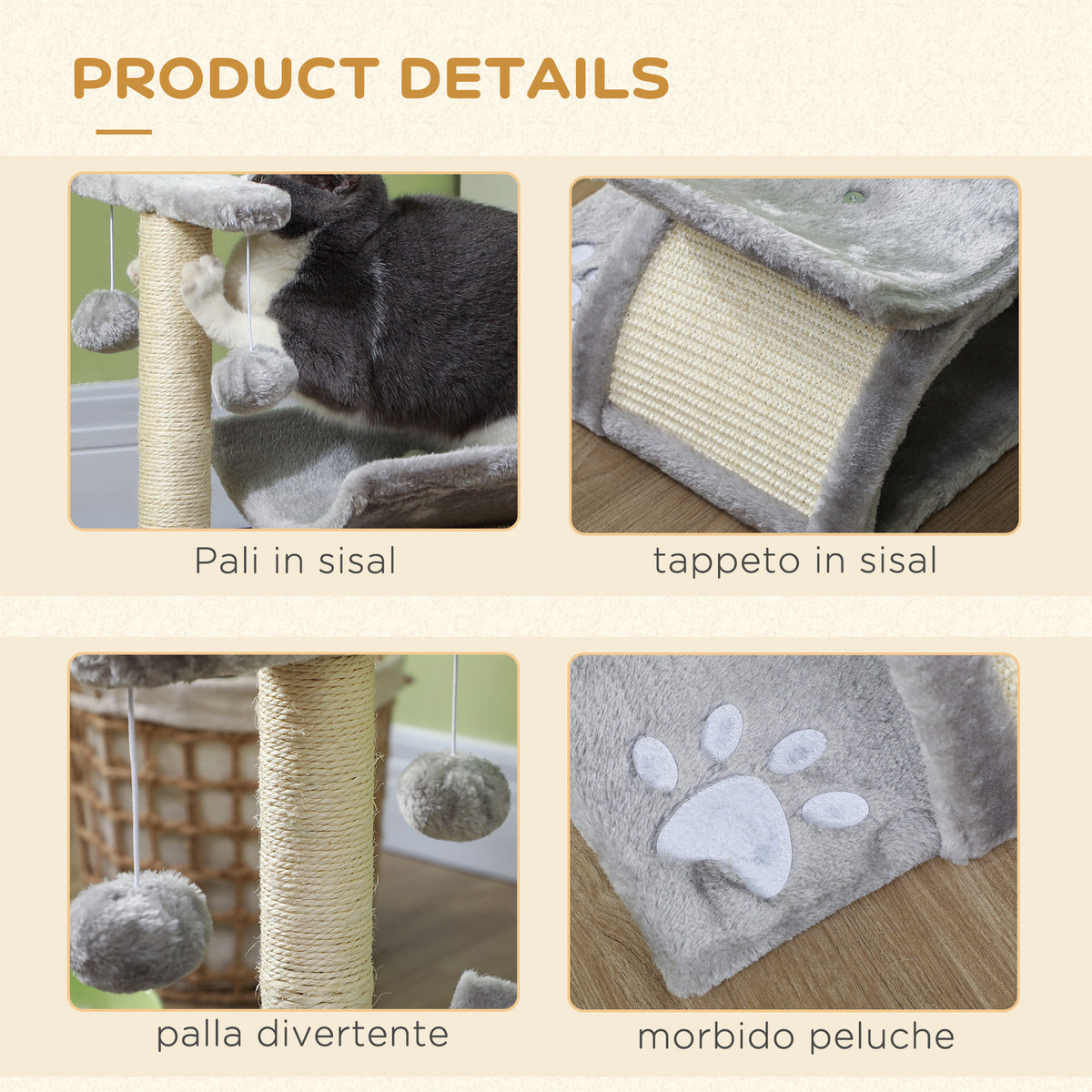 Albero Tiragraffi per Gatti in Peluche con Palo in Sisal, Cuccia e 2 Palline, 40x30x43cm, Grigio