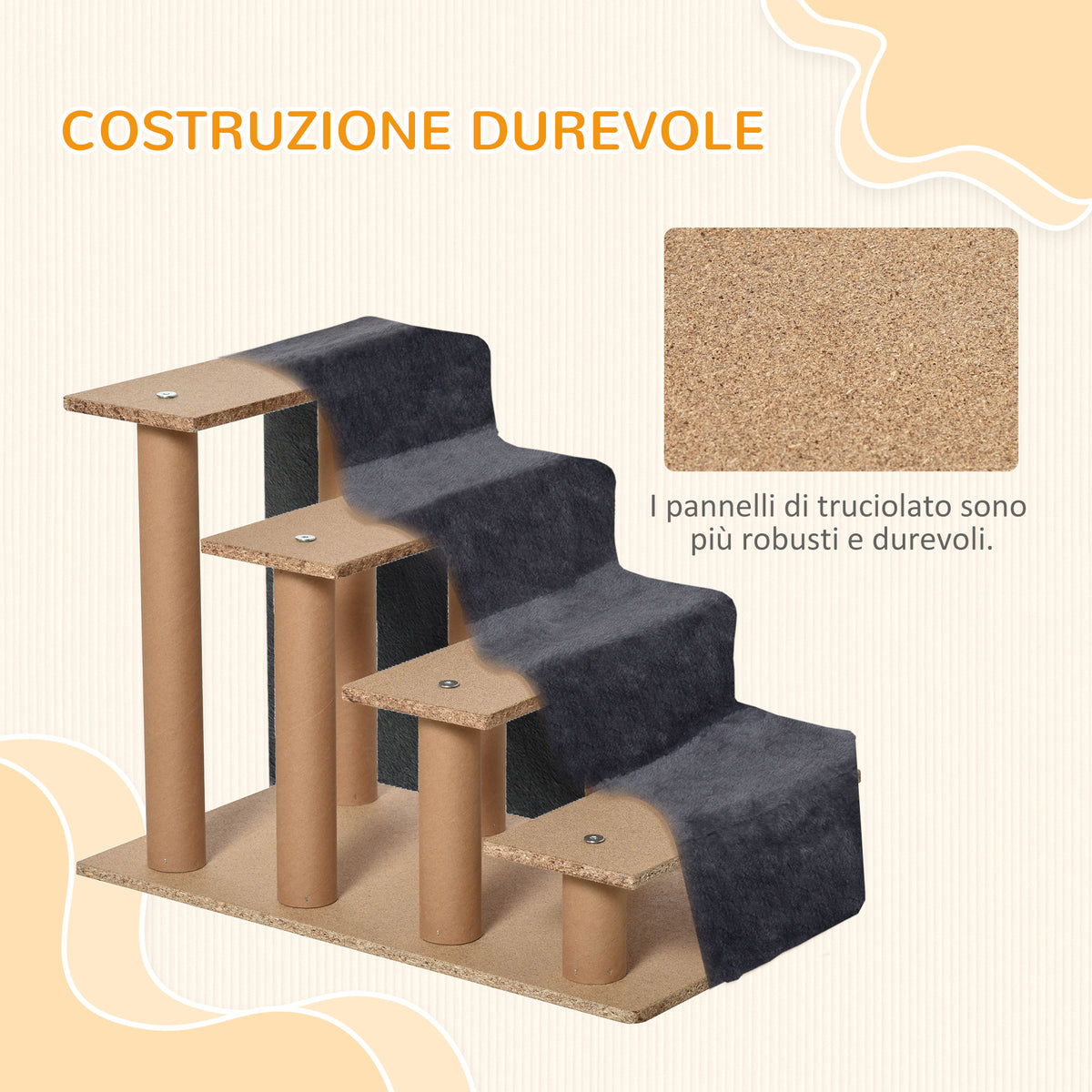 Scaletta per Cani Portatile a 4 Gradini, in Tessuto Vellutato Sfoderabile e Legno, 60x35x44 cm, Grigio Scuro