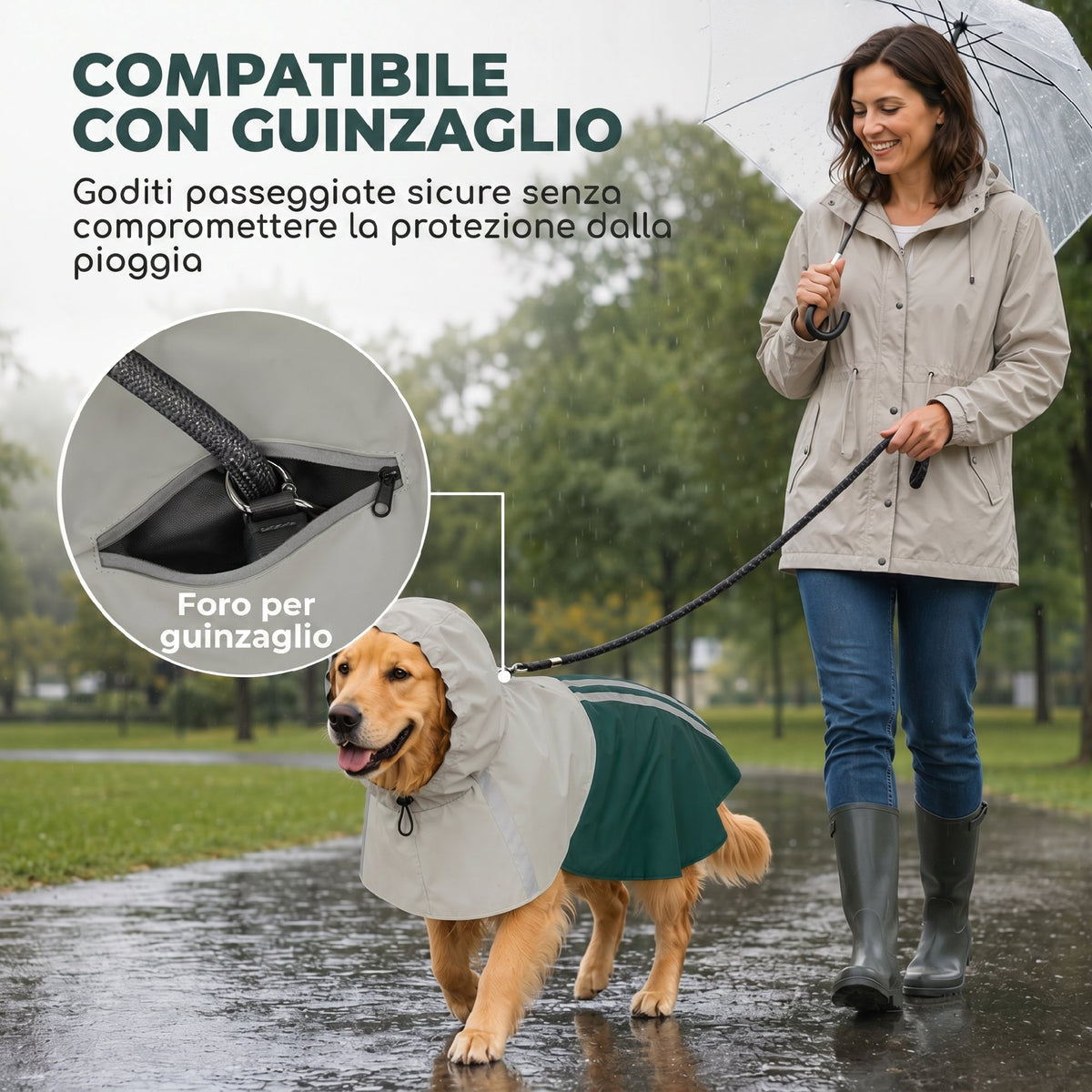Impermeabile per Cani con Cappuccio, Foro per Guinzaglio e Strisce Riflettenti, per Cani di Taglia Grande, Verde