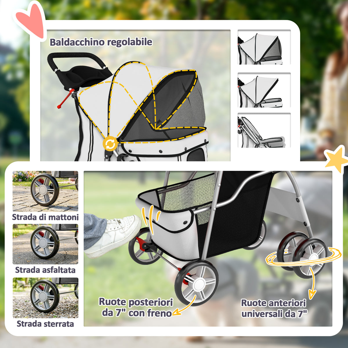 Passeggino per Cani Pieghevole con Catarifrangenti, Ruote Girevoli, Freni e Cuscino Lavabile, Grigio