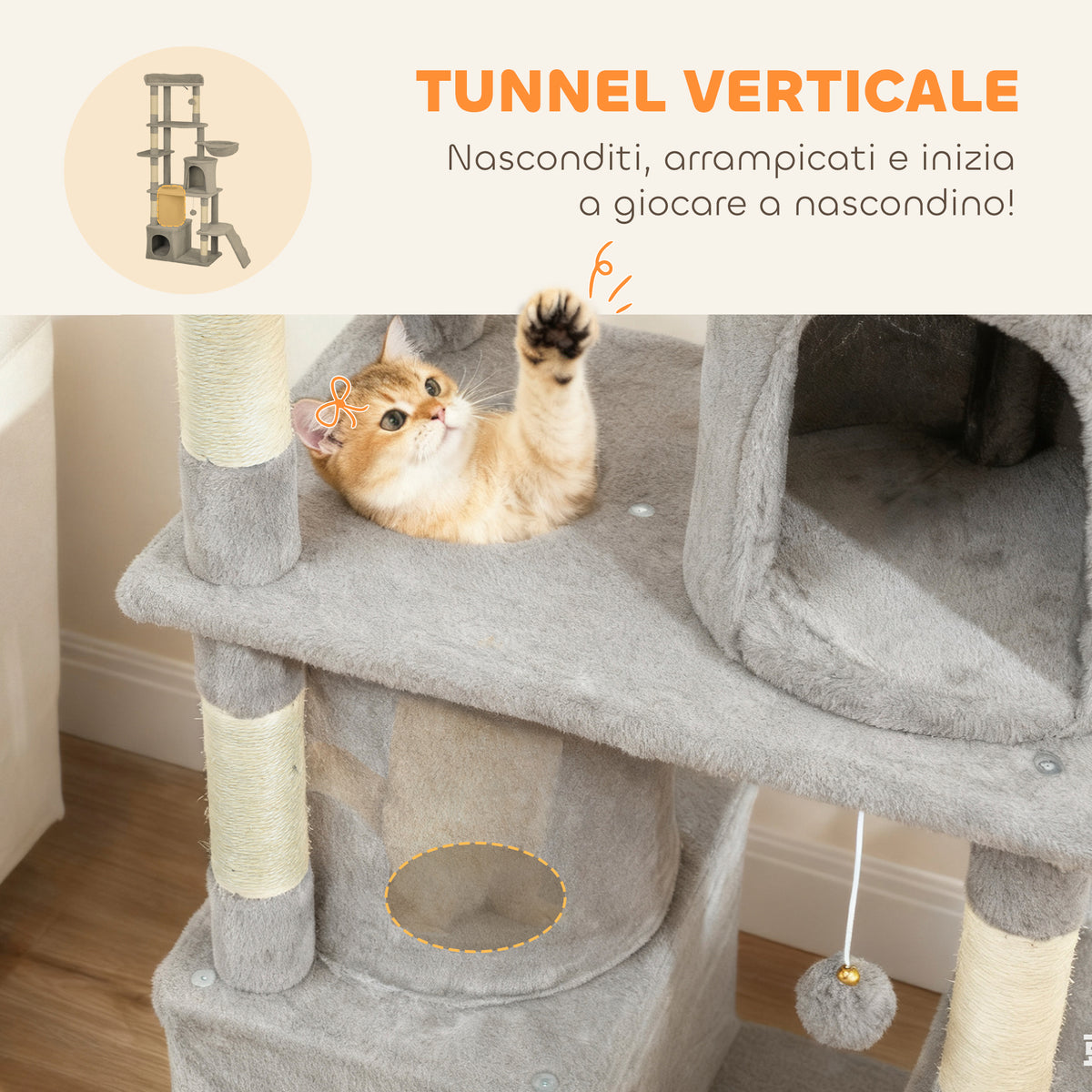 Albero Tiragraffi per Gatti con 2 Casette, Amaca, Tunnel, e Lettino, Pali in Sisal, 60x40x170 cm, Grigio