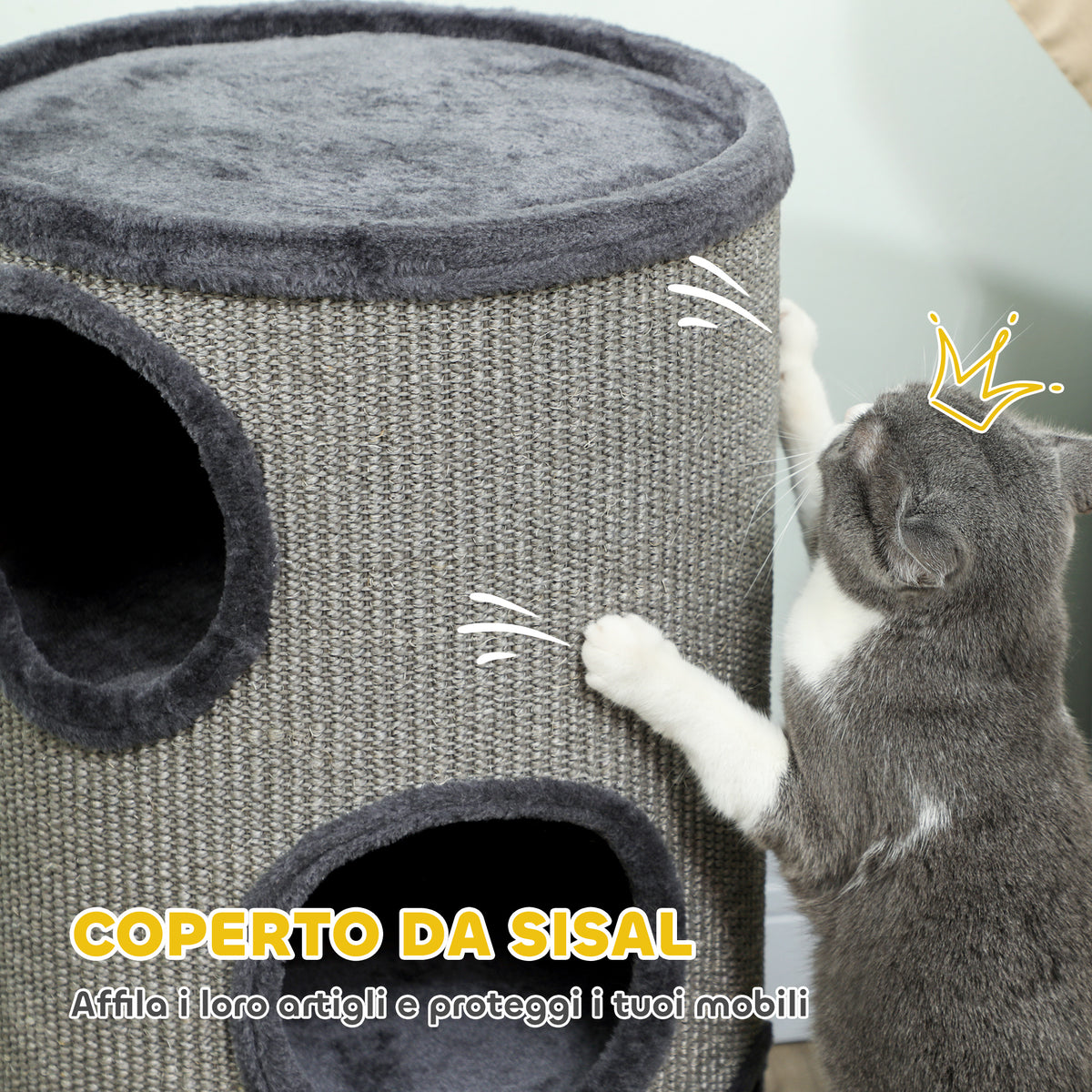 Cuccia per Gatti a 3 Livelli con Tiragraffi in Sisal e Peluche, 38x70cm, Grigio