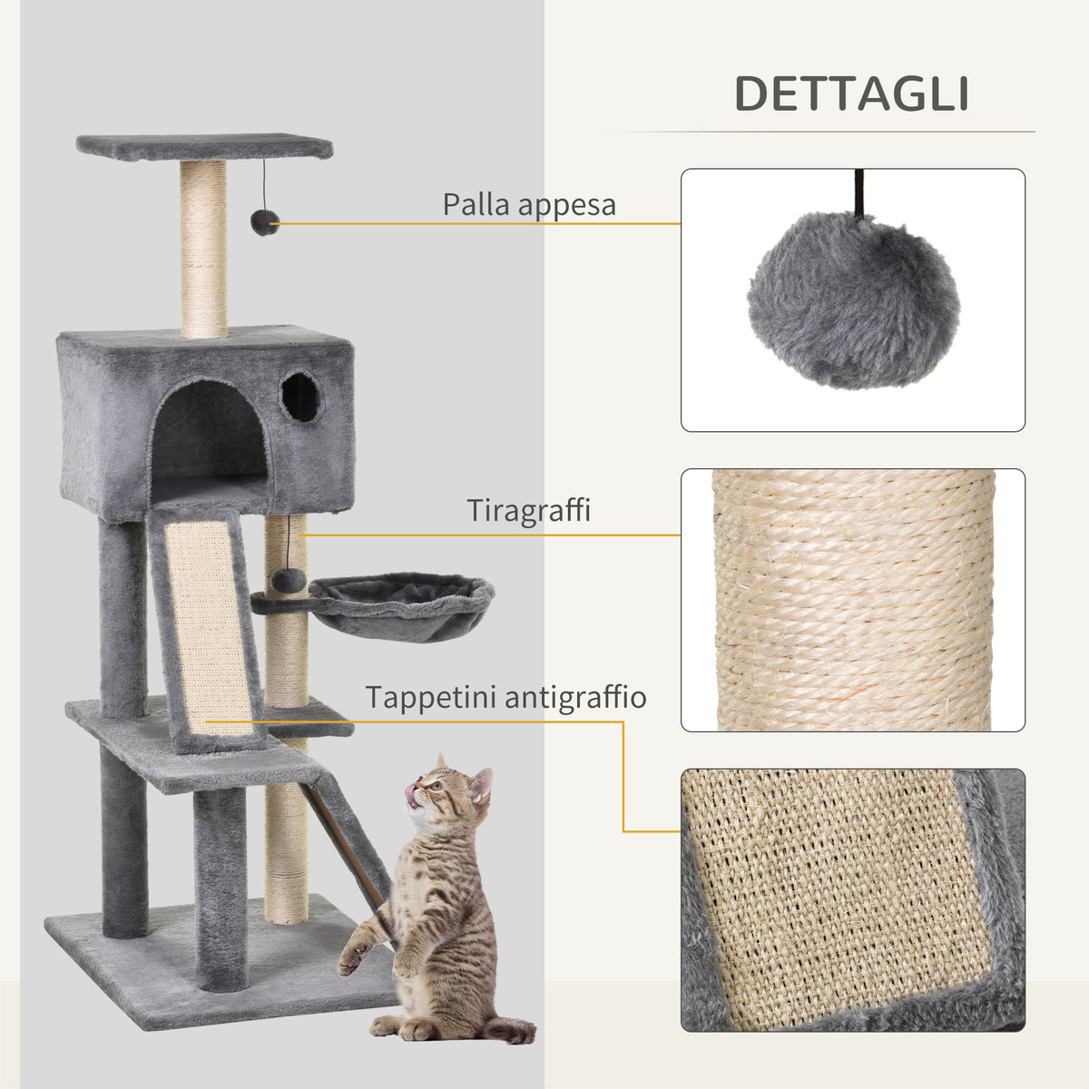 Albero Tiragraffi con Cuccia in Peluche Grigio e Corda Sisal 60x49x130cm
