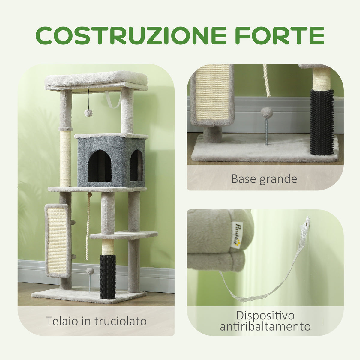 Albero per Gatti Multilivello Alto 132 cm con Casetta, Lettino, Pali Tiragraffi, Spazzola e Pallina, Grigio