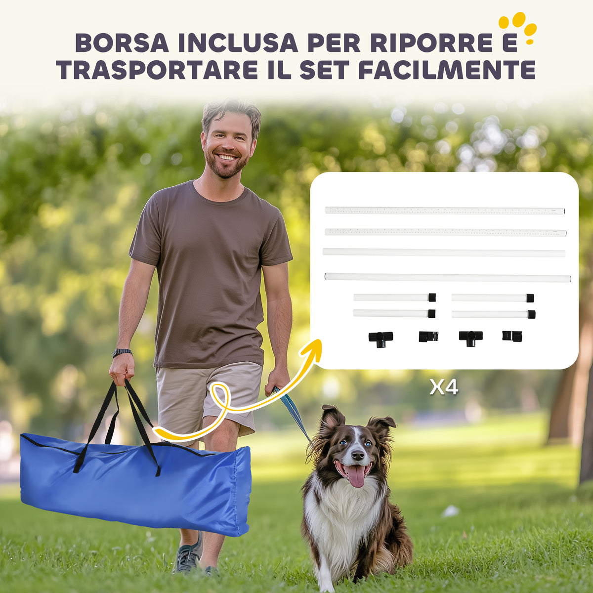 Set di 4 Ostacoli Agility Dog per Addestramento Cani ad Altezza Regolabile con Borsa da Trasporto Inclusa, 99x65x94cm, Bianco