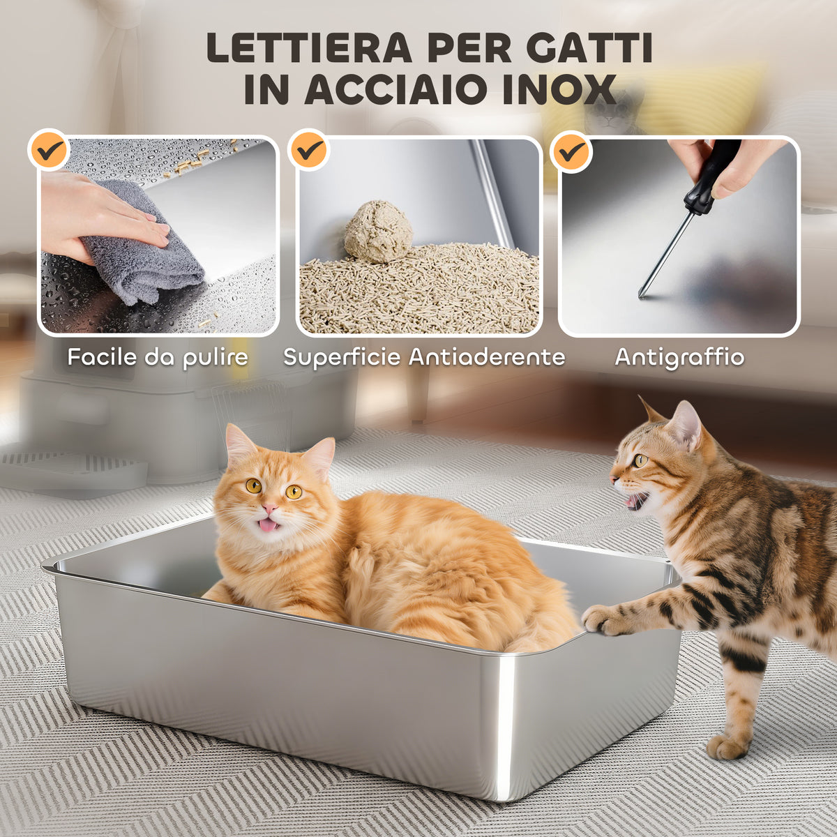 Lettiera per Gatti Chiusa da 80L con Vassoio Estraibile, in ABS e Acciaio Inox, 63x43x43 cm, Grigio Chiaro