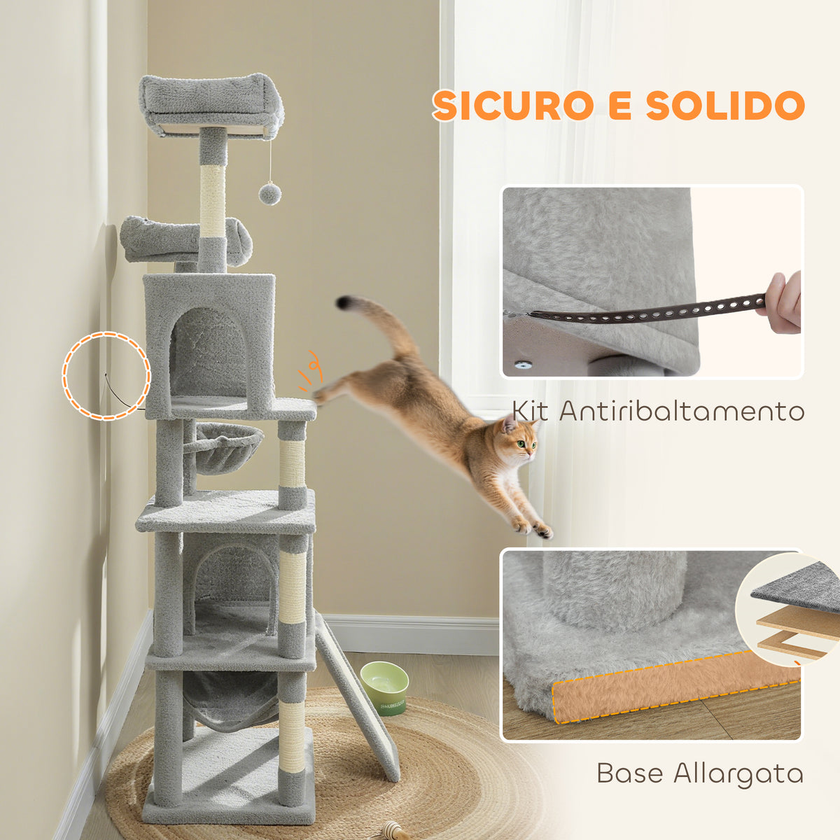 Albero Tiragraffi per Gatti con 2 Casette, 2 Lettini, Trespolo e 2 Palline, 48x40x177 cm, Grigio Chiaro e Beige