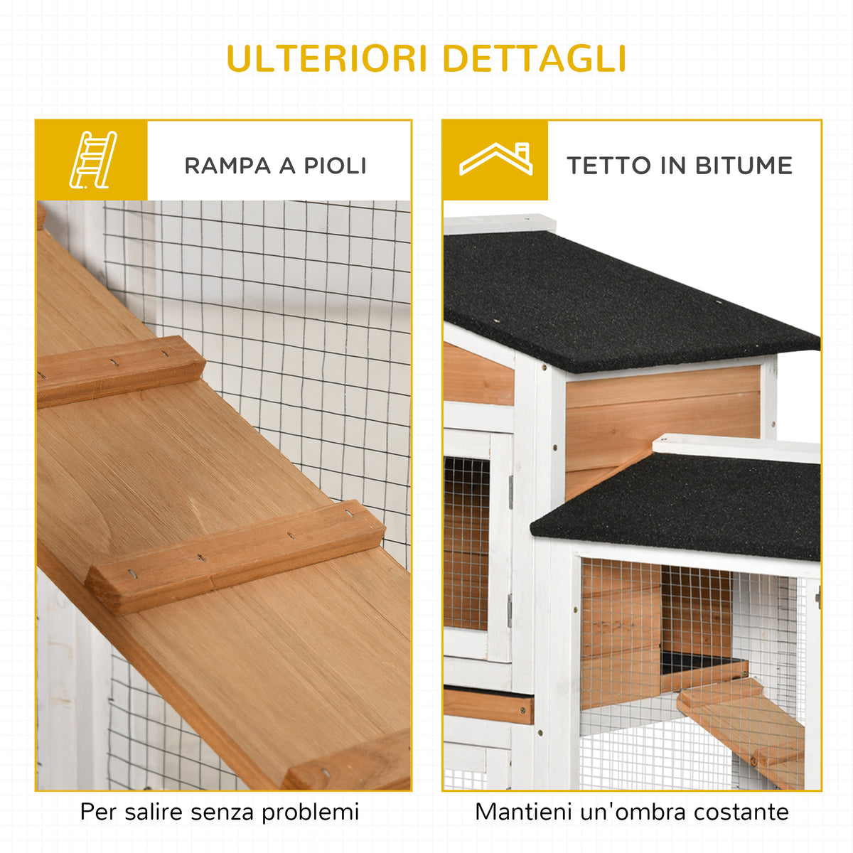 Conigliera a 2 Livelli con Rete Protettiva, in Legno, Metallo e Bitume, 157.4x53x99.5 cm, Giallo Bianco e Nero