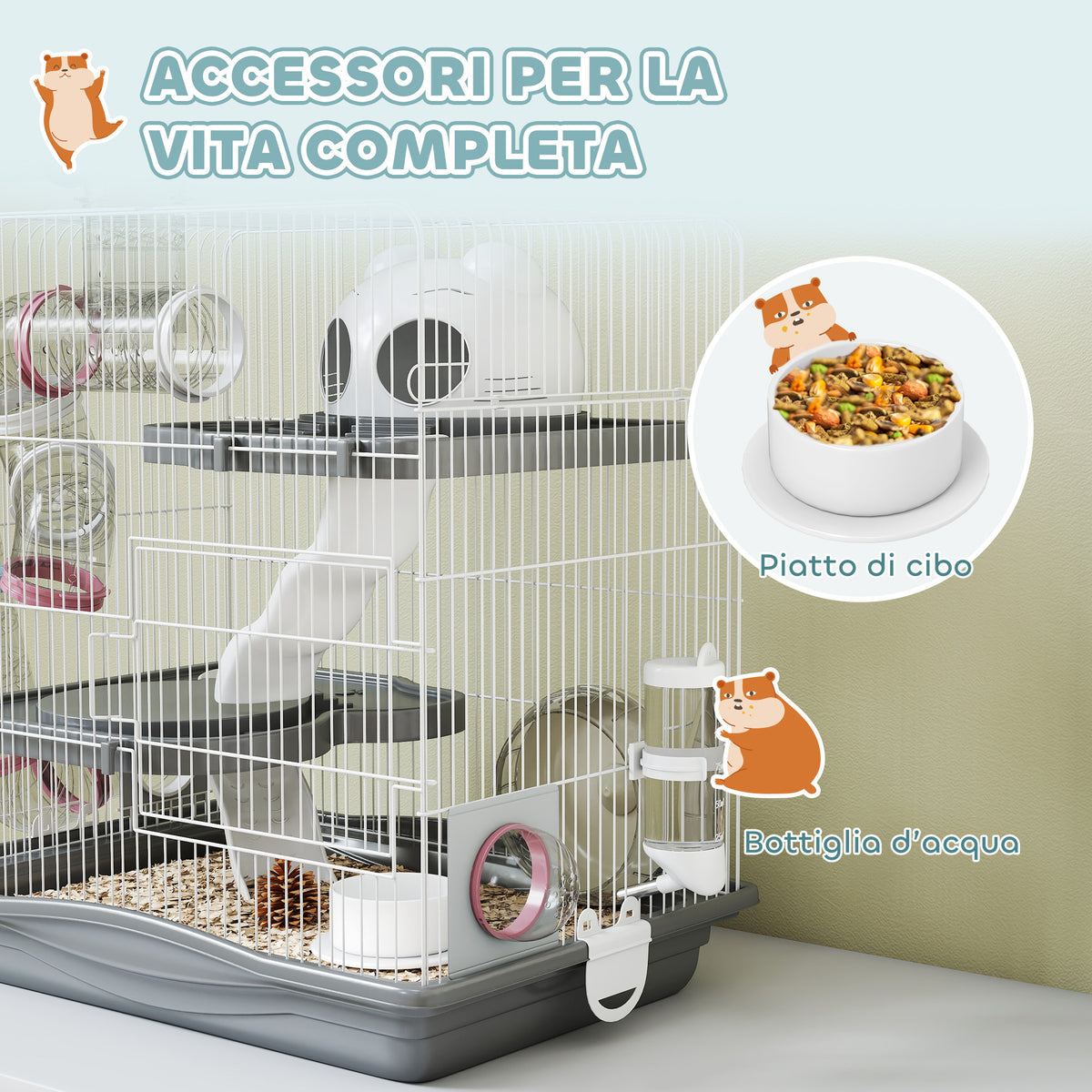 Gabbia per Criceti a 3 Livelli e 14 Tubi con Casetta, Rampa, e Accessori, in Metallo e Plastica, 45x30x45 cm, Grigio