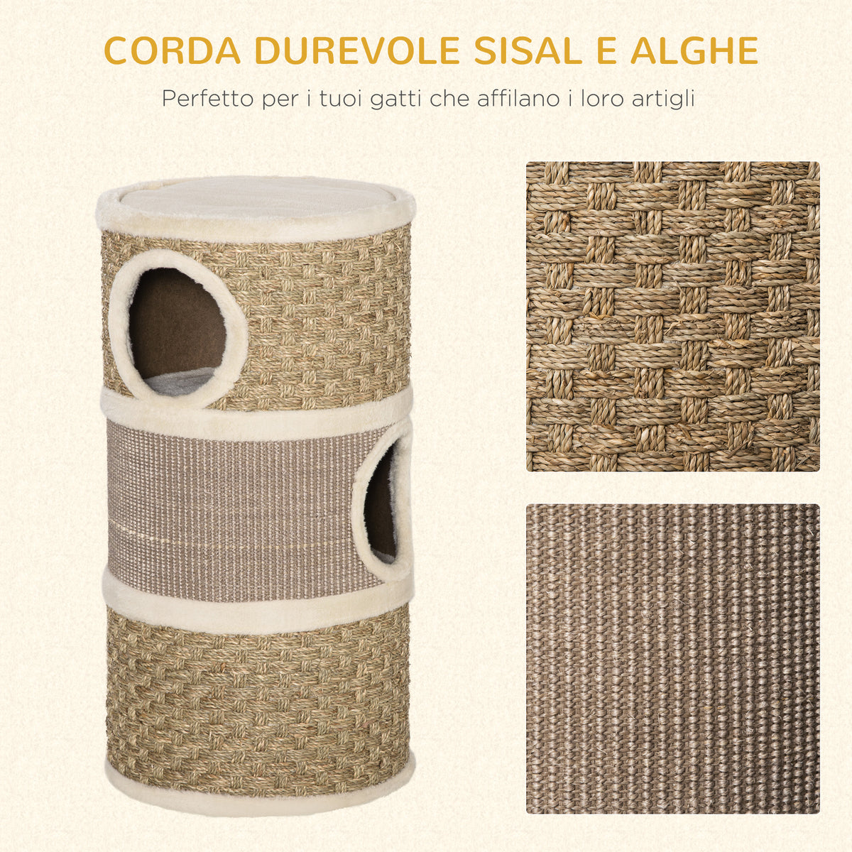 Casetta per Gatti Tiragraffi a Torre 3 Nicchie Corda in Sisal Alga Marina