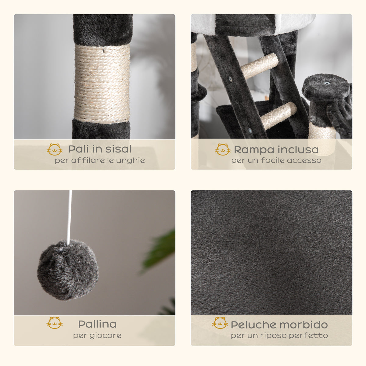 Tiragraffi per Gatti a Soffitto con Altezza Regolabile 240-260 cm, Albero Tiragraffi per Gatti Multilivello con Cucce, Amache e Scale, Corde in Sisal, Grigio Scuro e Bianco