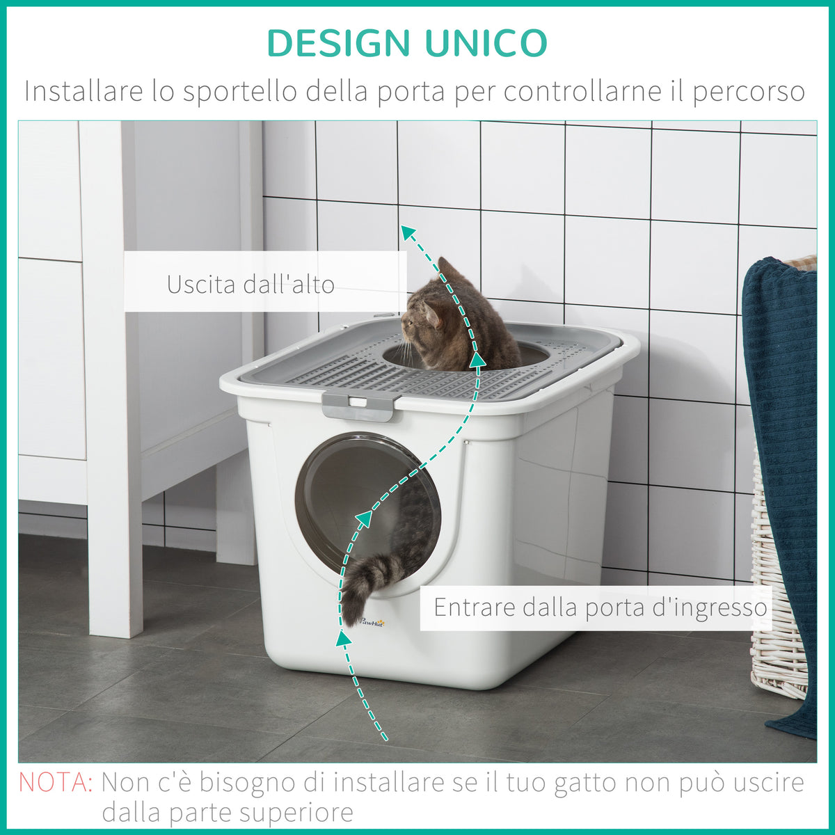Lettiera per Gatti Chiusa a 2 Ingressi con Vassoio e Paletta, in Plastica PE, 44x55x39 cm, Bianco
