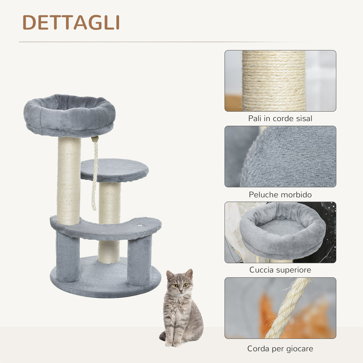Albero Tiragraffi per Gatti a 3 Livelli con Piattaforme, Lettino e Pali in Sisal, Torre per Gatti con Rivestimento in Peluche, 40x65 cm, Grigio