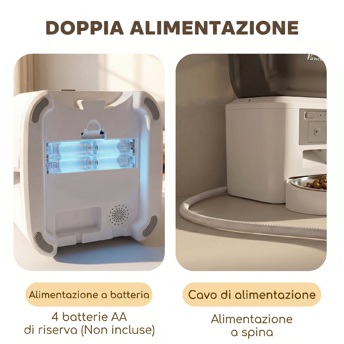 Distributore Automatico Cibo Gatti e Cani 4L WiFi 2.4G, App Controllo con Telecamera, Ciotola, Bianco