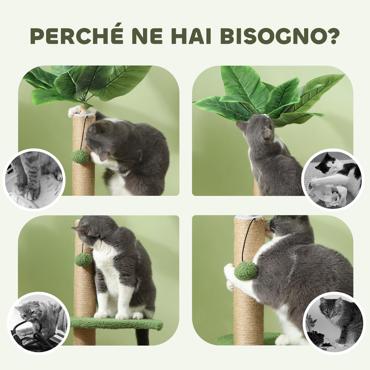 Albero per Gatti con Palo Tiragraffi, Piattaforme e Palline, in Peluche e Truciolato, 40x83 cm, Verde