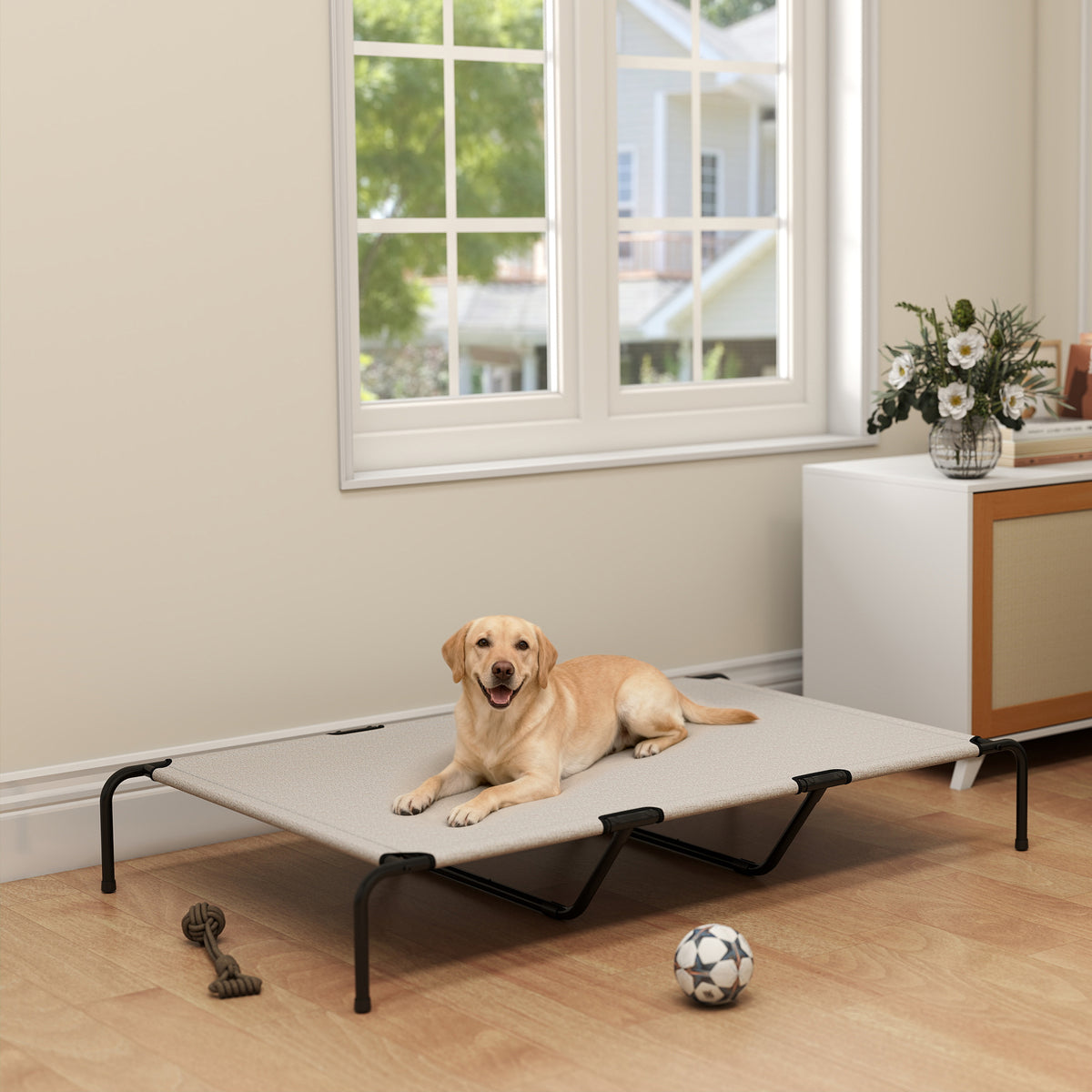 Lettino per Cani Grandi Rialzato da Esterno in Acciaio e Rete Traspirante, 152x94x23 cm, Beige