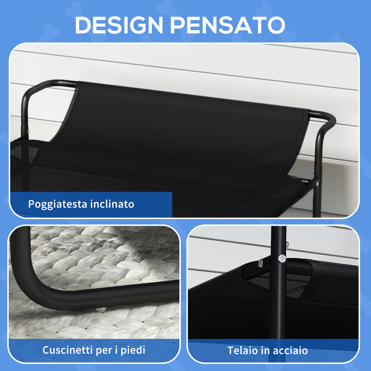 Lettino per Cani Piccoli e Medi Rialzato con Poggiatesta da Esterno, 91x69x29 cm, Nero