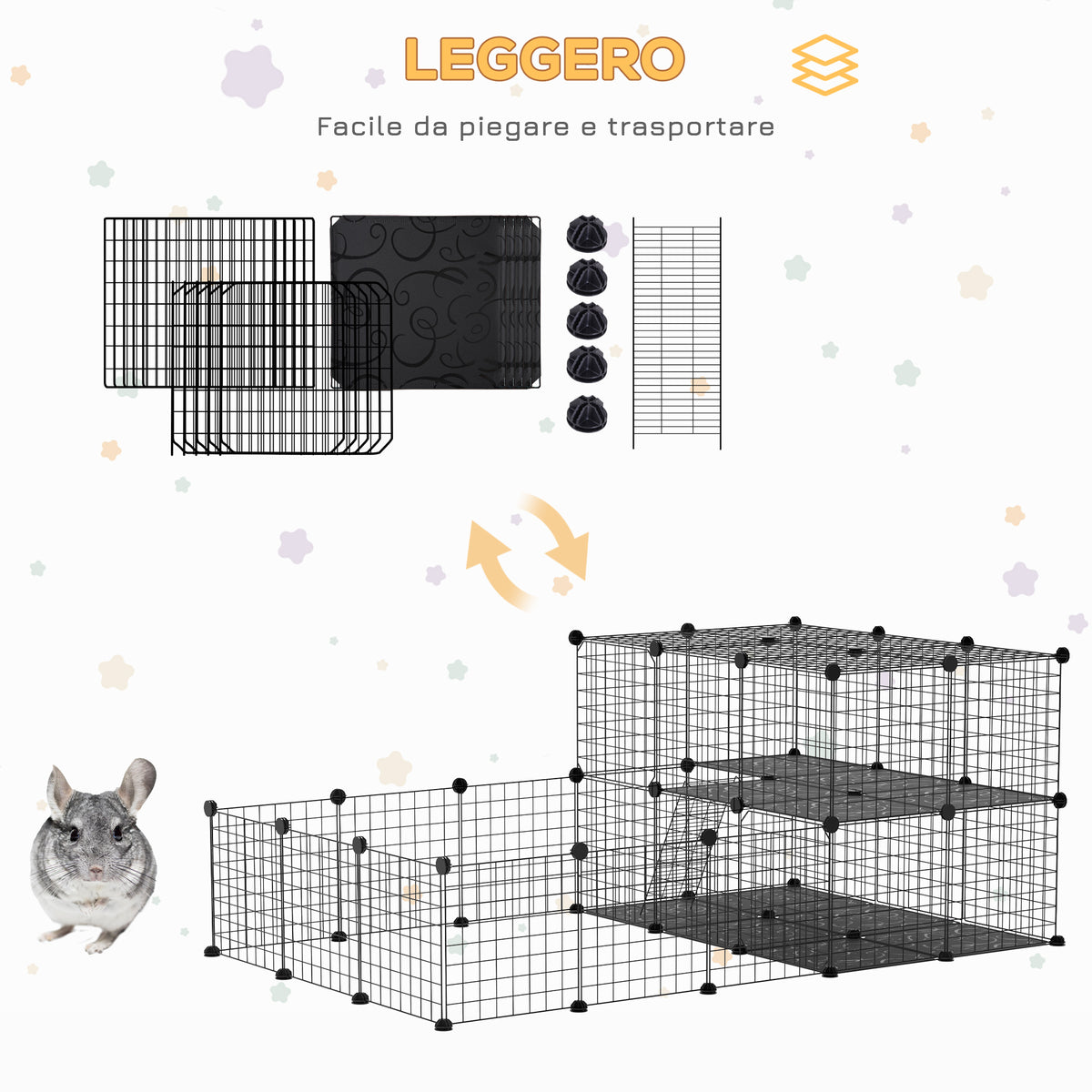 Recinto per Conigli Modulabile in Metallo con Scaletta e Accessori Montaggio, 175x105x70cm - Nero