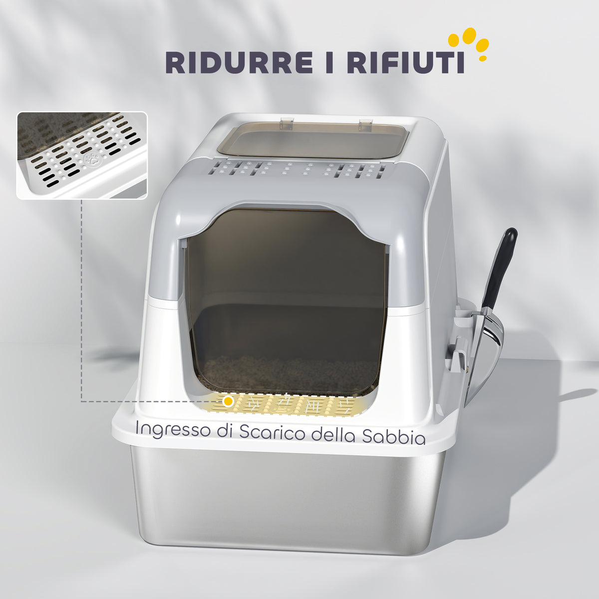 Lettiera per Gatti Chiusa a 2 Ingressi con Deodorante e Paletta, 60.4x40.4x41.8 cm, Bianco e Grigio