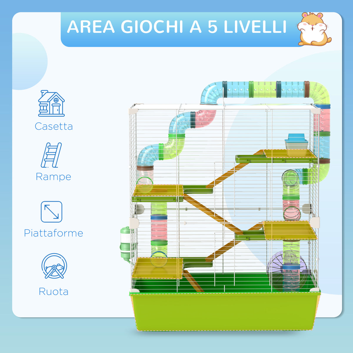 Gabbia Criceti a 5 Livelli con Tubi, Casetta, Serbatoio e Ruota, in Acciaio, PP e PS, 59x36x69 cm, Verde e Bianca