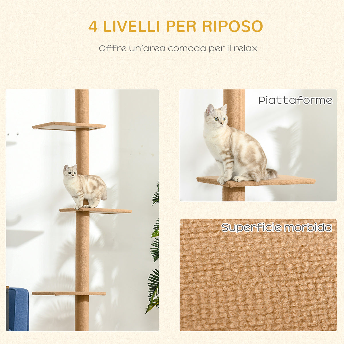 Albero Tiragraffi per Gatti a 4 Livelli, Fissaggio a Soffitto Regolabile, 43x27x228-260cm