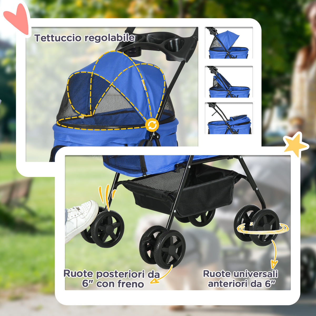 Passeggino per Cani Pieghevole con Guinzaglio di Sicurezza e Cestino Portaoggetti, Blu