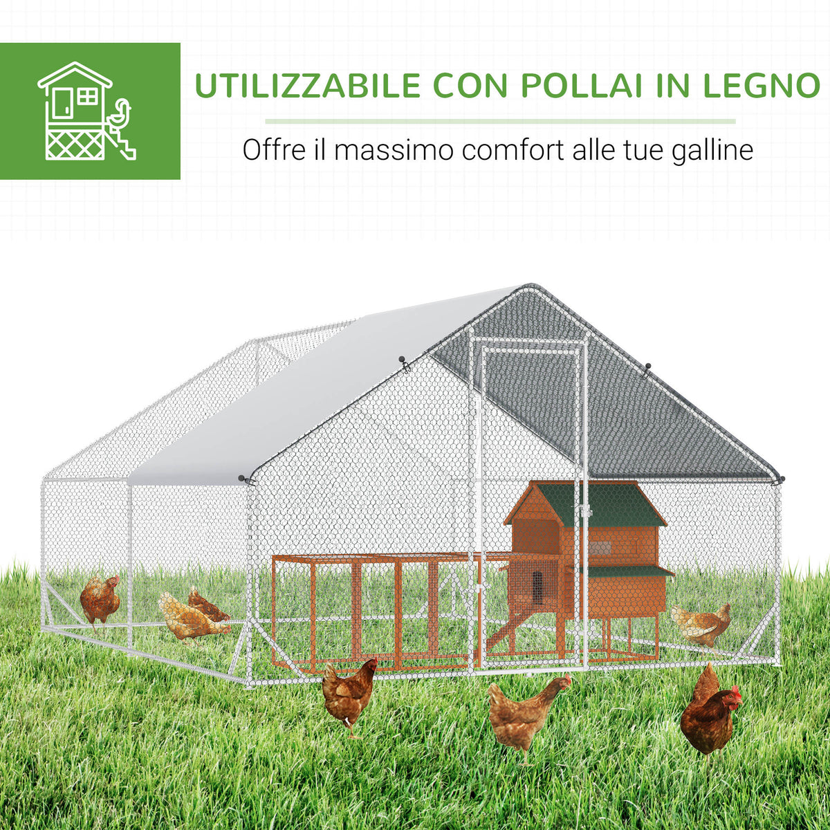 Pollaio da Giardino con Telaio Zincato, Copertura Impermeabile e Rete Esagonale, 3x8x2 m, Argento
