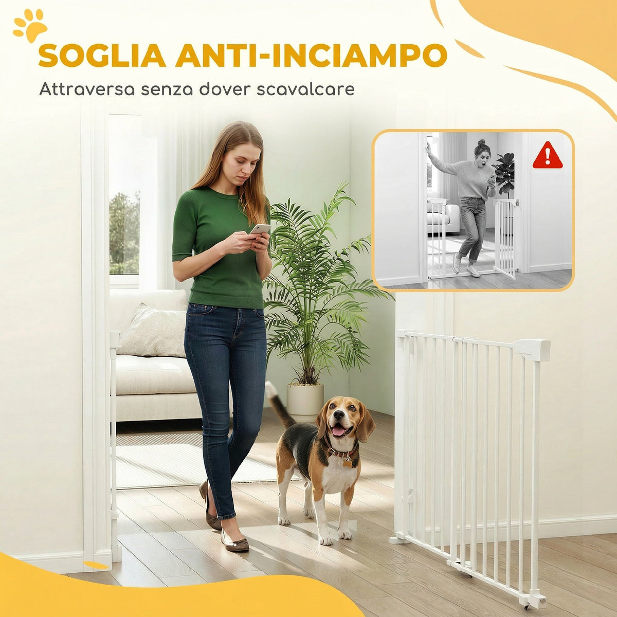 Cancelletto di Sicurezza per Cani, 74.5-111.5x74.5 cm, Scale, Chiusura Automatica, Apertura con Una Mano, Bianco
