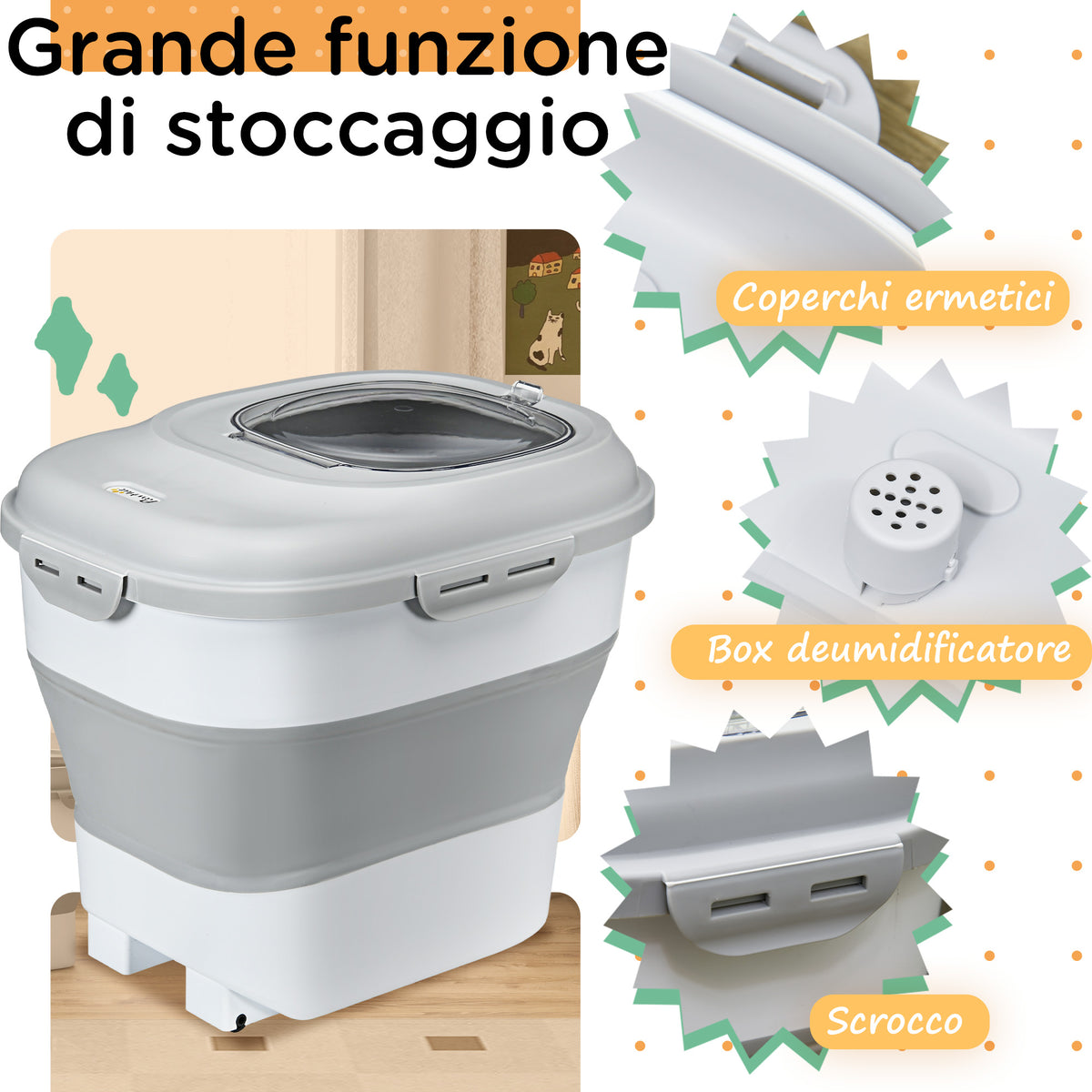 Porta Crocchette Cani Capacità 5-25L con Chiusura Ermetica e Box Deumidificante, in PP e TPE, 44x32x37 cm, Grigio