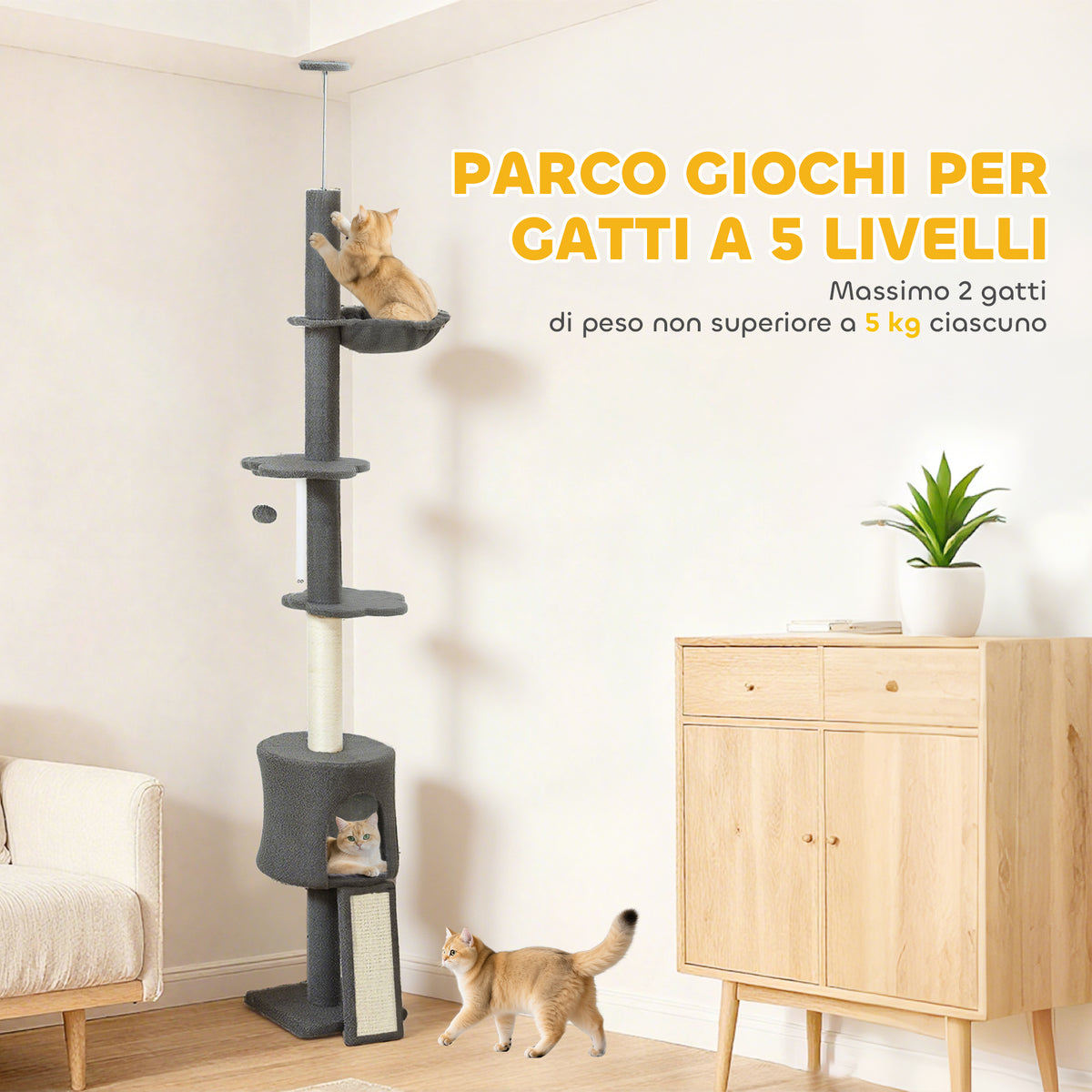 Albero per Gatti a Soffitto Alto 220-240 cm con Amaca, Casetta, Piattaforme a Fiore e Pali in Sisal, Grigio