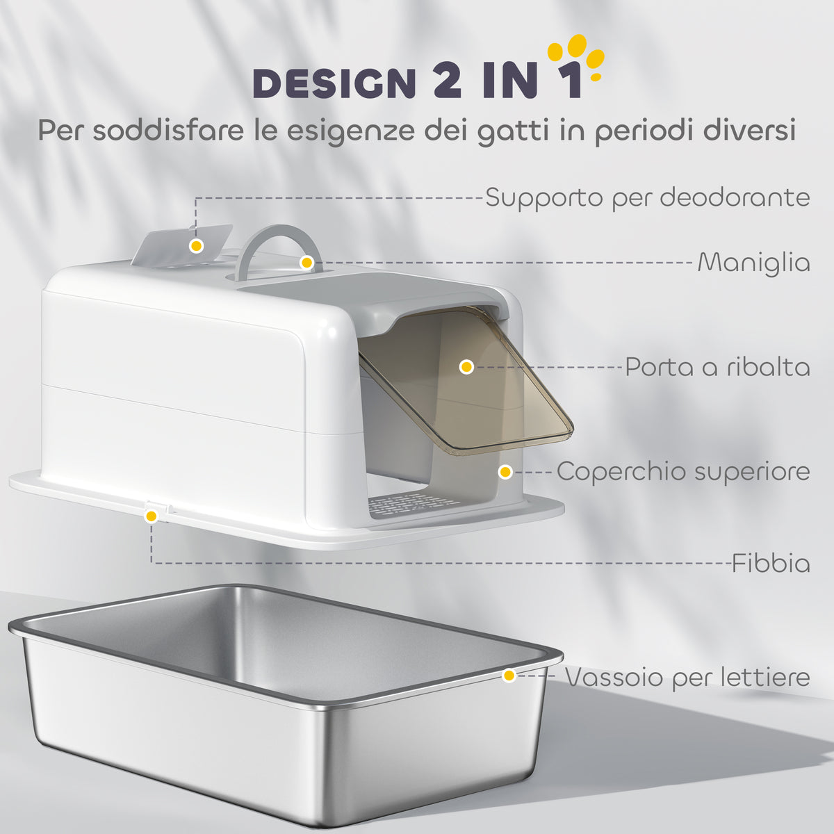 Lettiera per Gatti Chiusa con Vassoio in Acciaio, Paletta e Sacchetti Filtranti, in PP, 40.5x60.5x41.5 cm