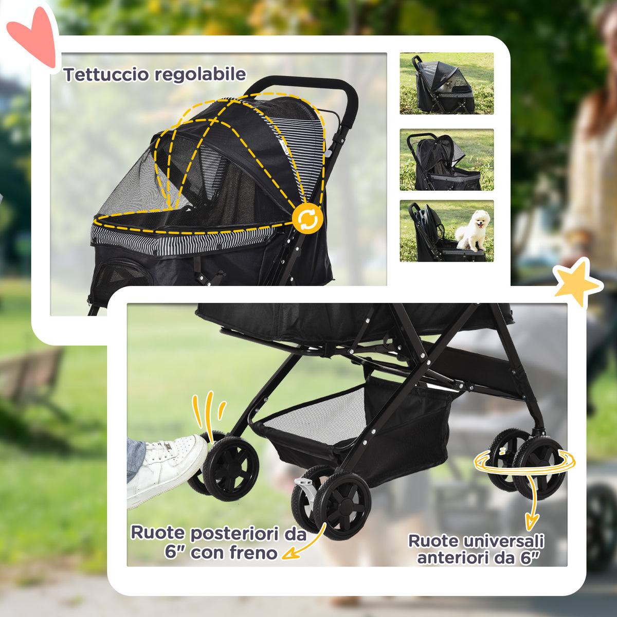 Passeggino per Cani Piccoli Pieghevole con Maniglione Girevole e Cestino Portaoggetti, Nero