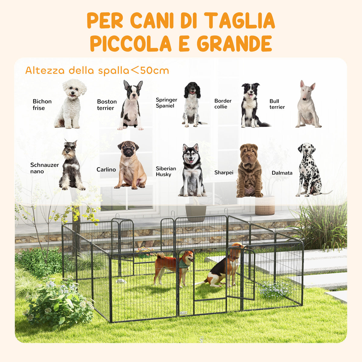 Recinto per Cani a 12 Pannelli Modulabili da 80x1.5x80 cm, Pieghevole con Porta in Acciaio, 12 Picchetti, Grigio