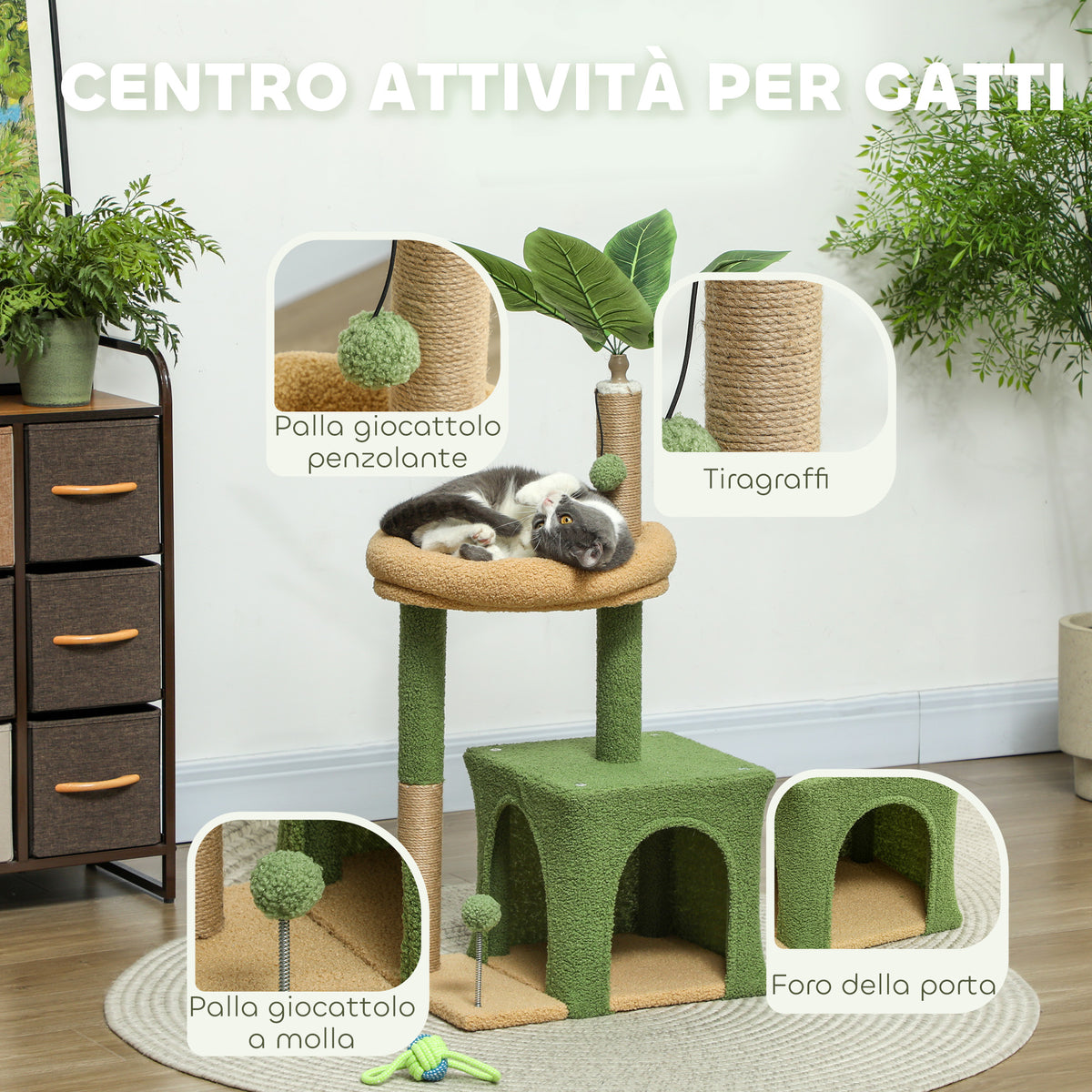 Albero Tiragraffi per Gatti con Casetta, Lettino e 2 Palline, in Legno e Poliestere, 44x30x98 cm, Verde e Marrone