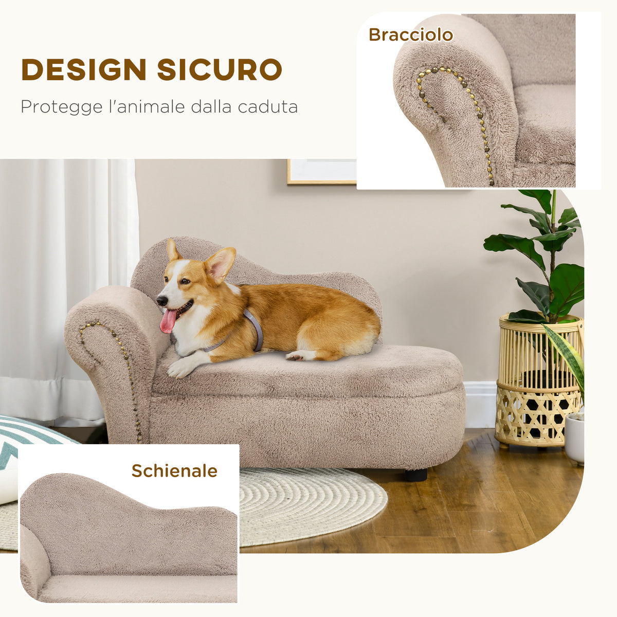 Divano per Cani Rialzato con Spazio Portaoggetti a Scomparsa, in Legno e Tessuto Vellutato, 80x40x46 cm, Beige