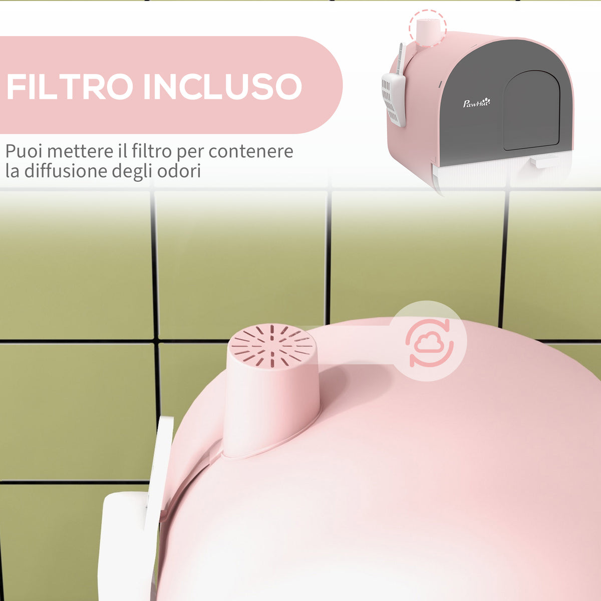 Lettiera per Gatti Chiusa con Filtri, Paletta e Vassoio, Struttura in PP, 43x44x47cm, Rosa