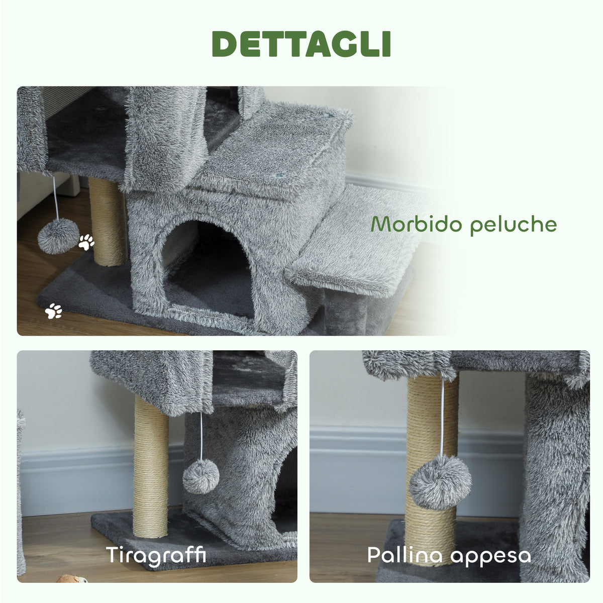 Scaletta per Gatti a 4 Gradini Regolabile in Altezza con 2 Casette, Palo Tiragraffi e Pallina, Grigio