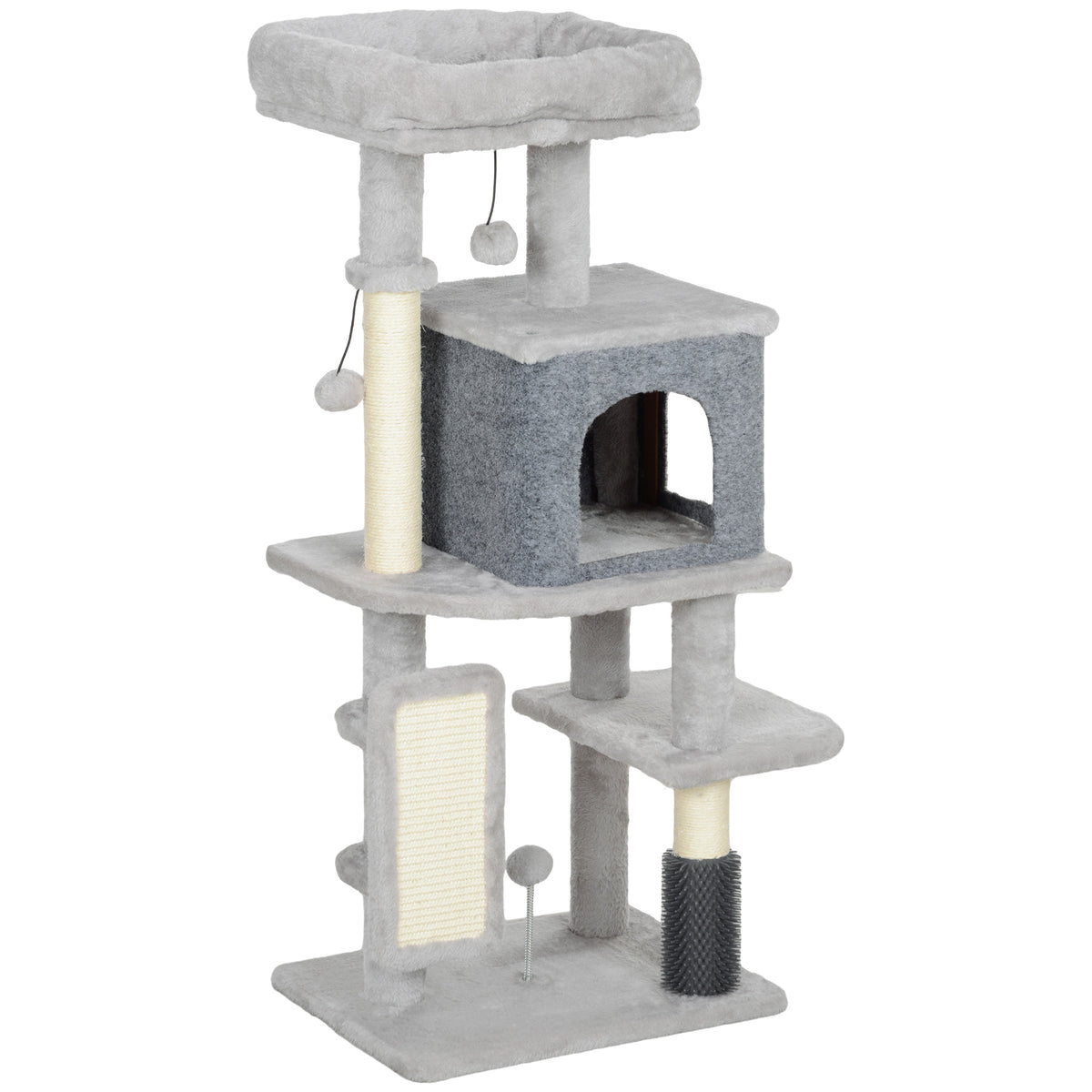Albero per Gatti Multilivello Alto 104 cm con Casetta, Lettino, Pali Tiragraffi, Spazzola e Pallina, Grigio