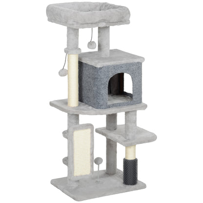 Albero per Gatti Multilivello Alto 104 cm con Casetta, Lettino, Pali Tiragraffi, Spazzola e Pallina, Grigio