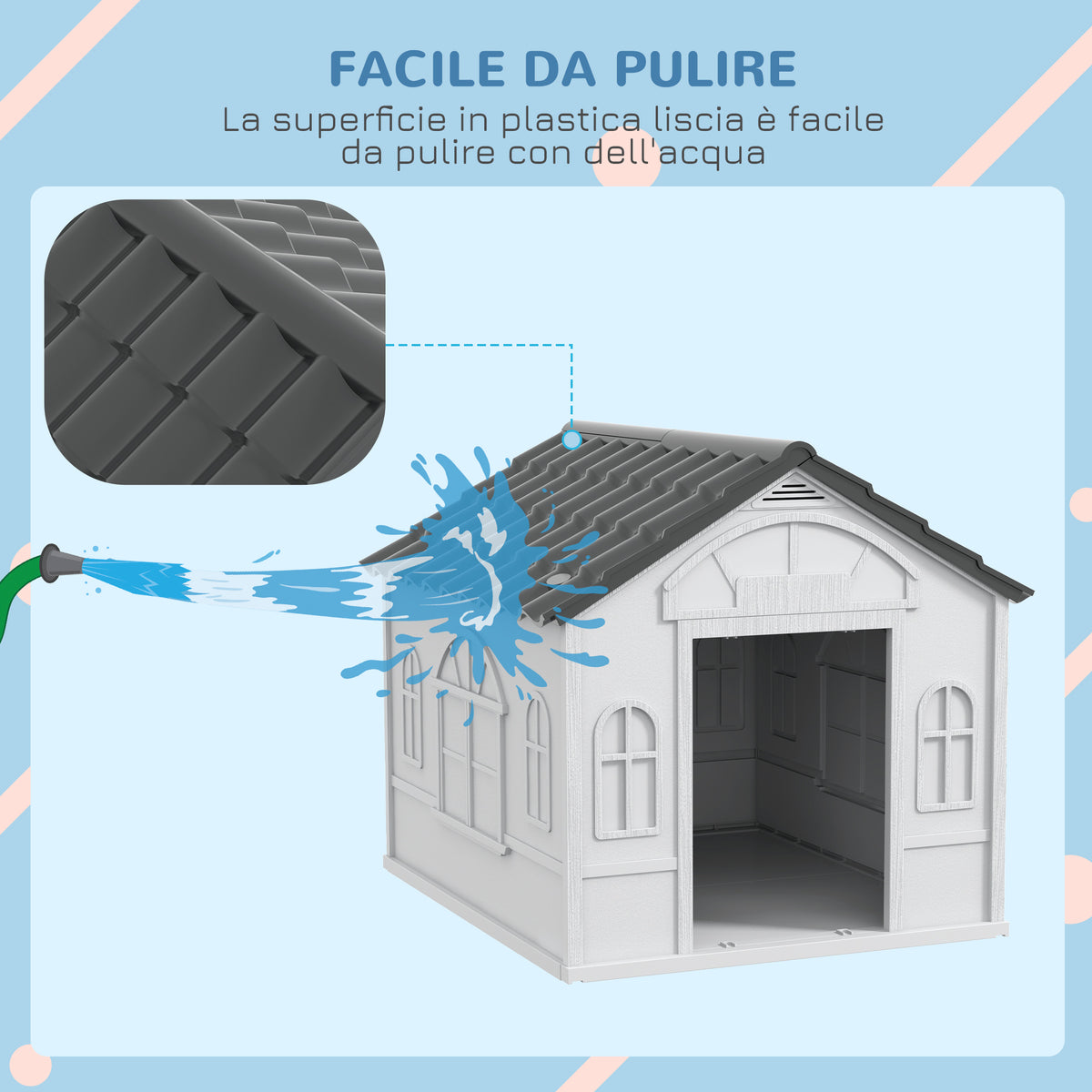 Casetta per Cani in PP Impermeabile con Tetto Inclinato e Porta di Ingresso, 65x75.7x63 cm, Grigio