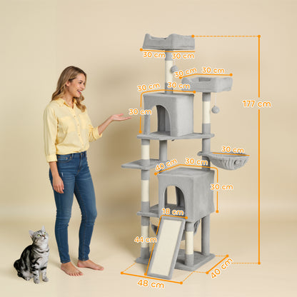 Albero Tiragraffi per Gatti con 2 Casette, 2 Lettini, Trespolo e 2 Palline, 48x40x177 cm, Grigio Chiaro e Beige