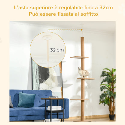 Albero Tiragraffi per Gatti a 4 Livelli, Fissaggio a Soffitto Regolabile, 43x27x228-260cm