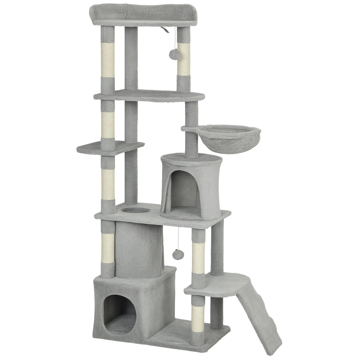 Albero Tiragraffi per Gatti con 2 Casette, Amaca, Tunnel, e Lettino, Pali in Sisal, 60x40x170 cm, Grigio