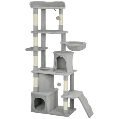 Albero Tiragraffi per Gatti con 2 Casette, Amaca, Tunnel, e Lettino, Pali in Sisal, 60x40x170 cm, Grigio