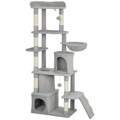 Albero Tiragraffi per Gatti con 2 Casette, Amaca, Tunnel, e Lettino, Pali in Sisal, 60x40x170 cm, Grigio