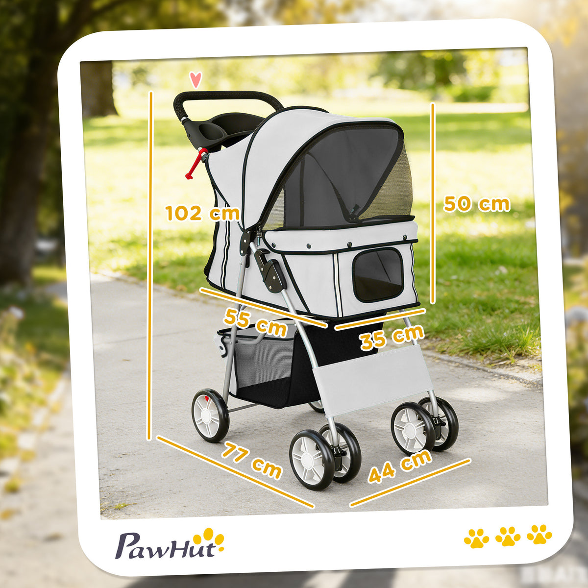 Passeggino per Cani Pieghevole con Catarifrangenti, Ruote Girevoli, Freni e Cuscino Lavabile, Grigio