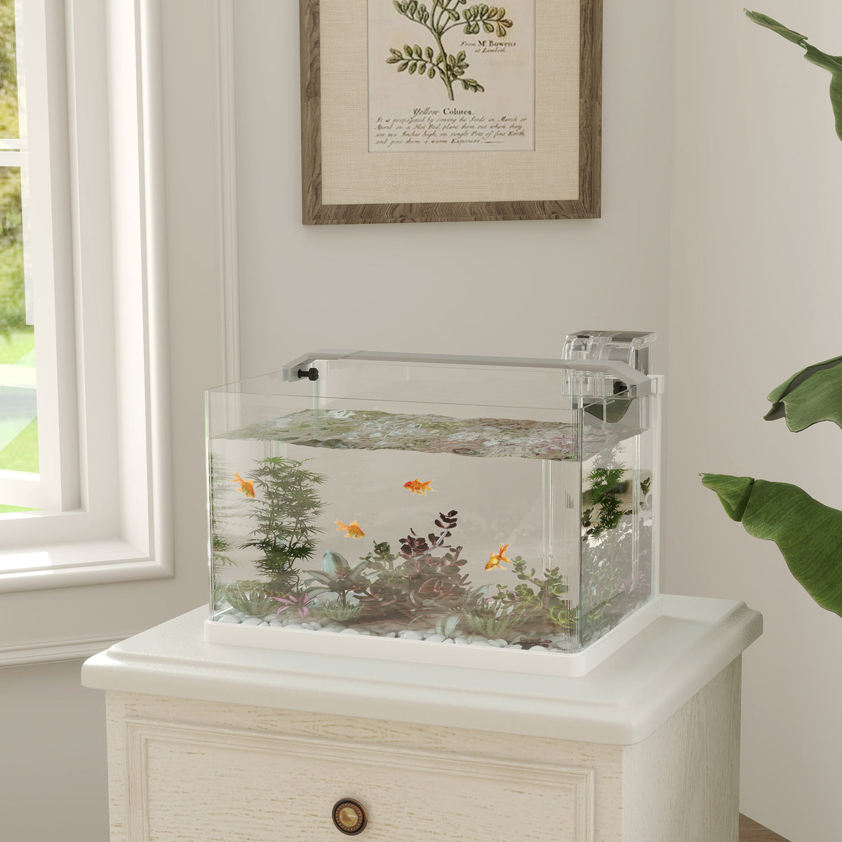 Acquario in Vetro con Luci LED da 20L, Filtro e Pompa d'Acqua, 38x26x27 cm, Bianco